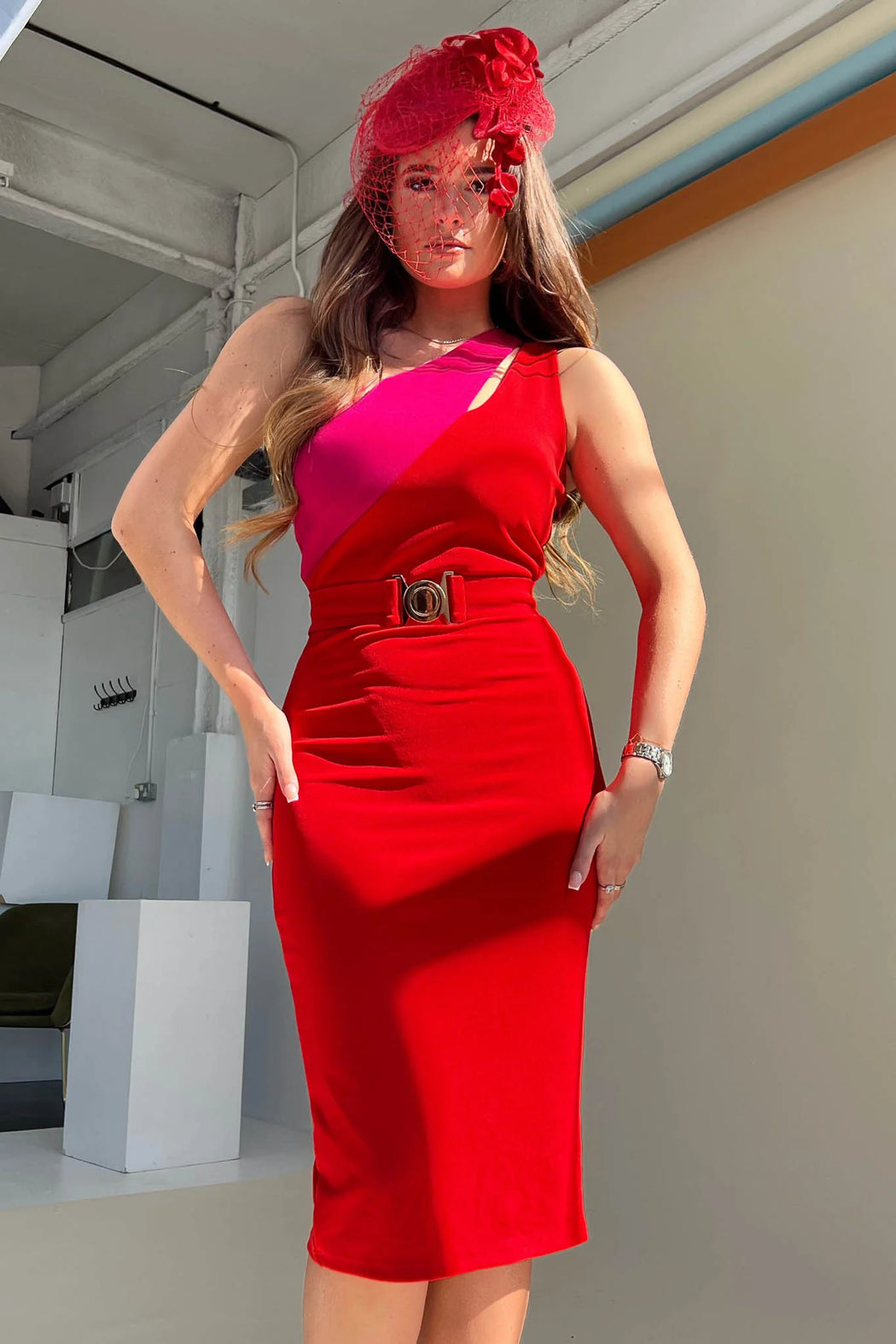 Sophia Red & Pink One Shoulder Dress