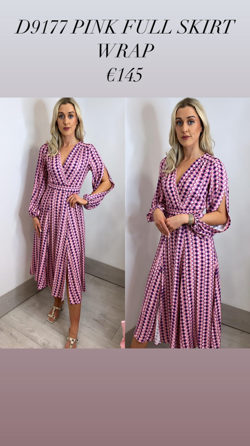 D9177 PINK FULL SKIRT WRAP DRESS