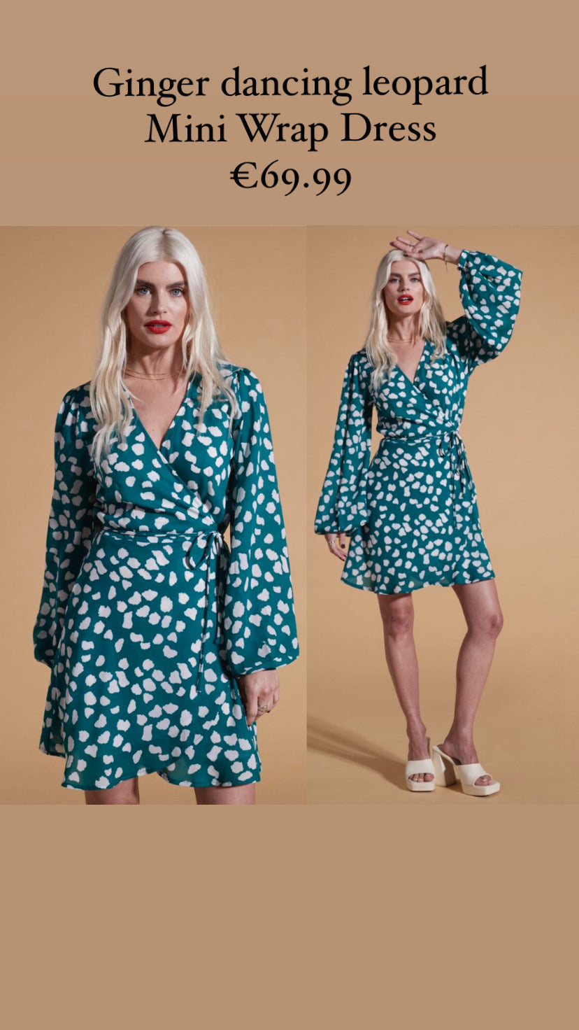 Ginger dancing leopard Mini Wrap Dress In White On Green Cloud