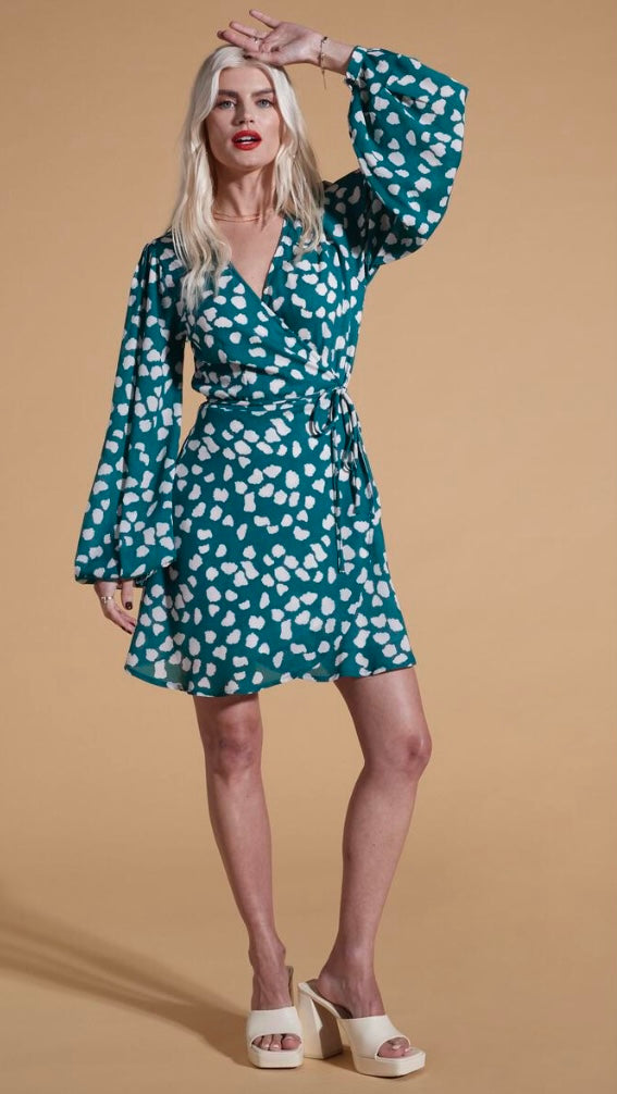 Ginger dancing leopard Mini Wrap Dress In White On Green Cloud