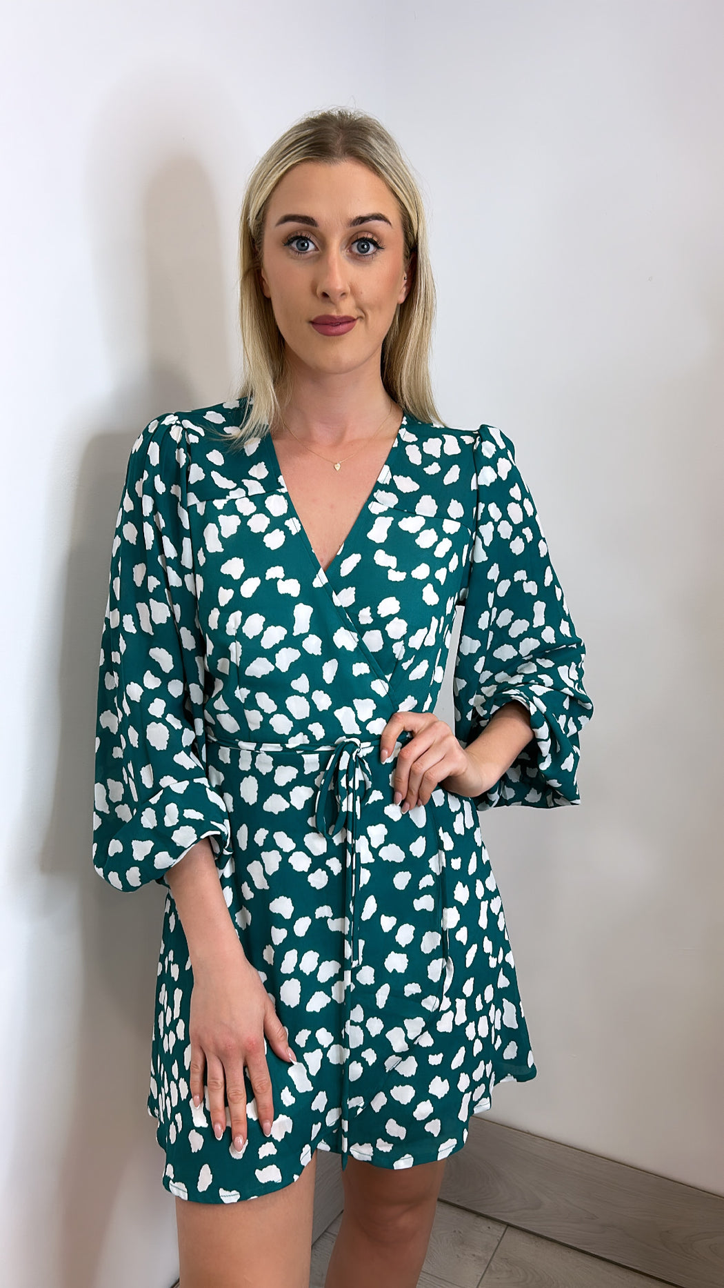 Ginger dancing leopard Mini Wrap Dress In White On Green Cloud