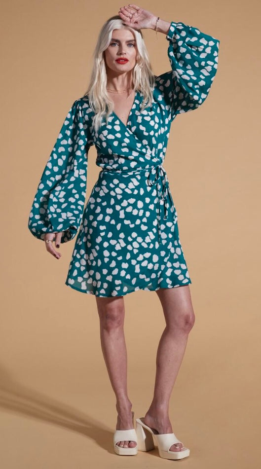 Ginger dancing leopard Mini Wrap Dress In White On Green Cloud