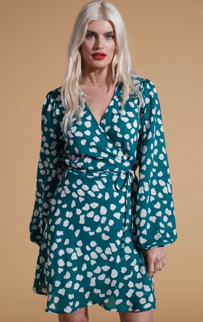 Ginger dancing leopard Mini Wrap Dress In White On Green Cloud