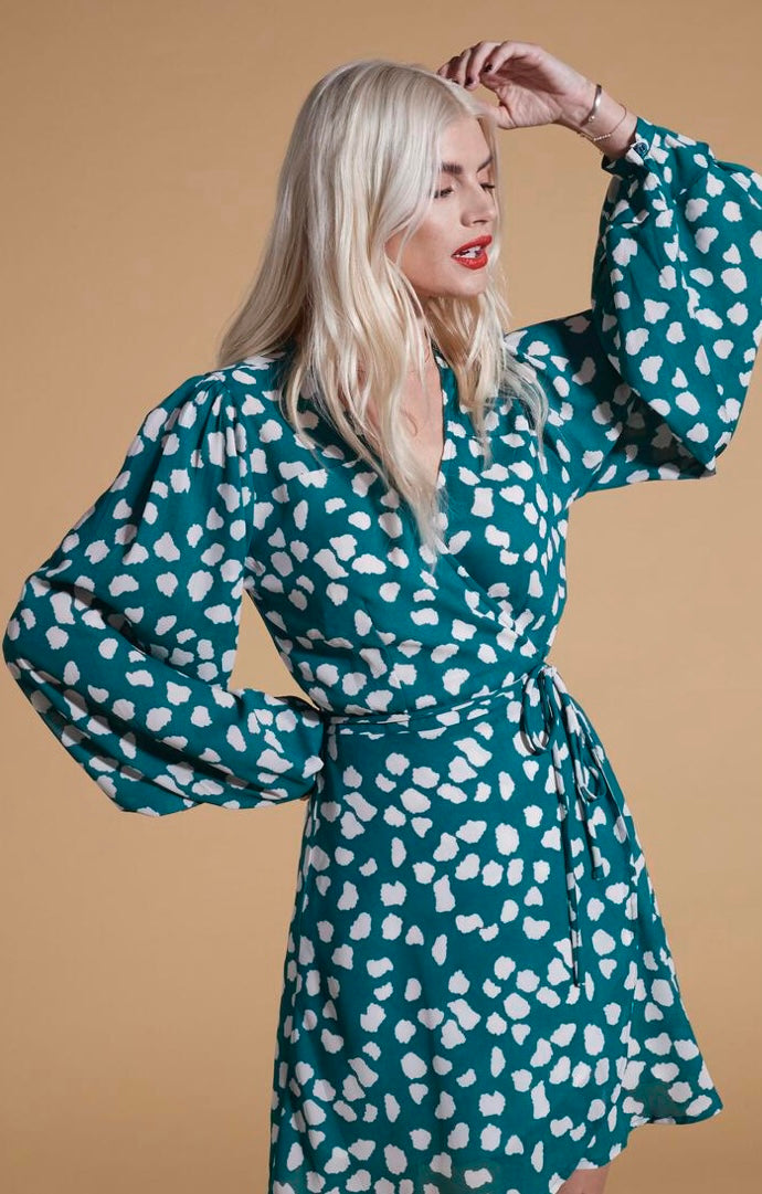 Ginger dancing leopard Mini Wrap Dress In White On Green Cloud