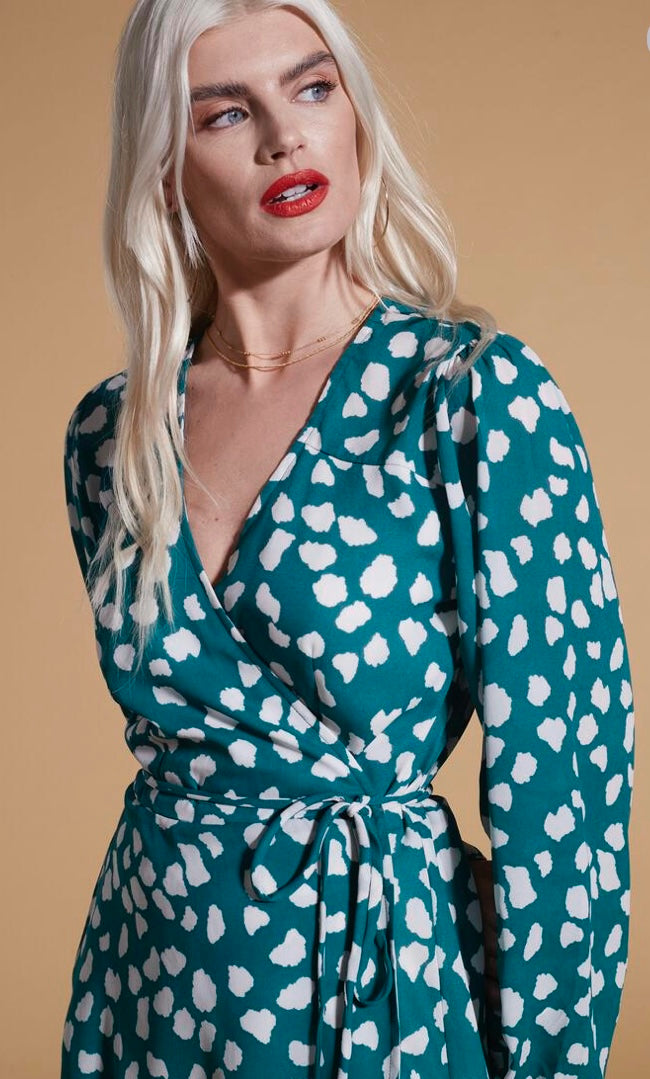 Ginger dancing leopard Mini Wrap Dress In White On Green Cloud