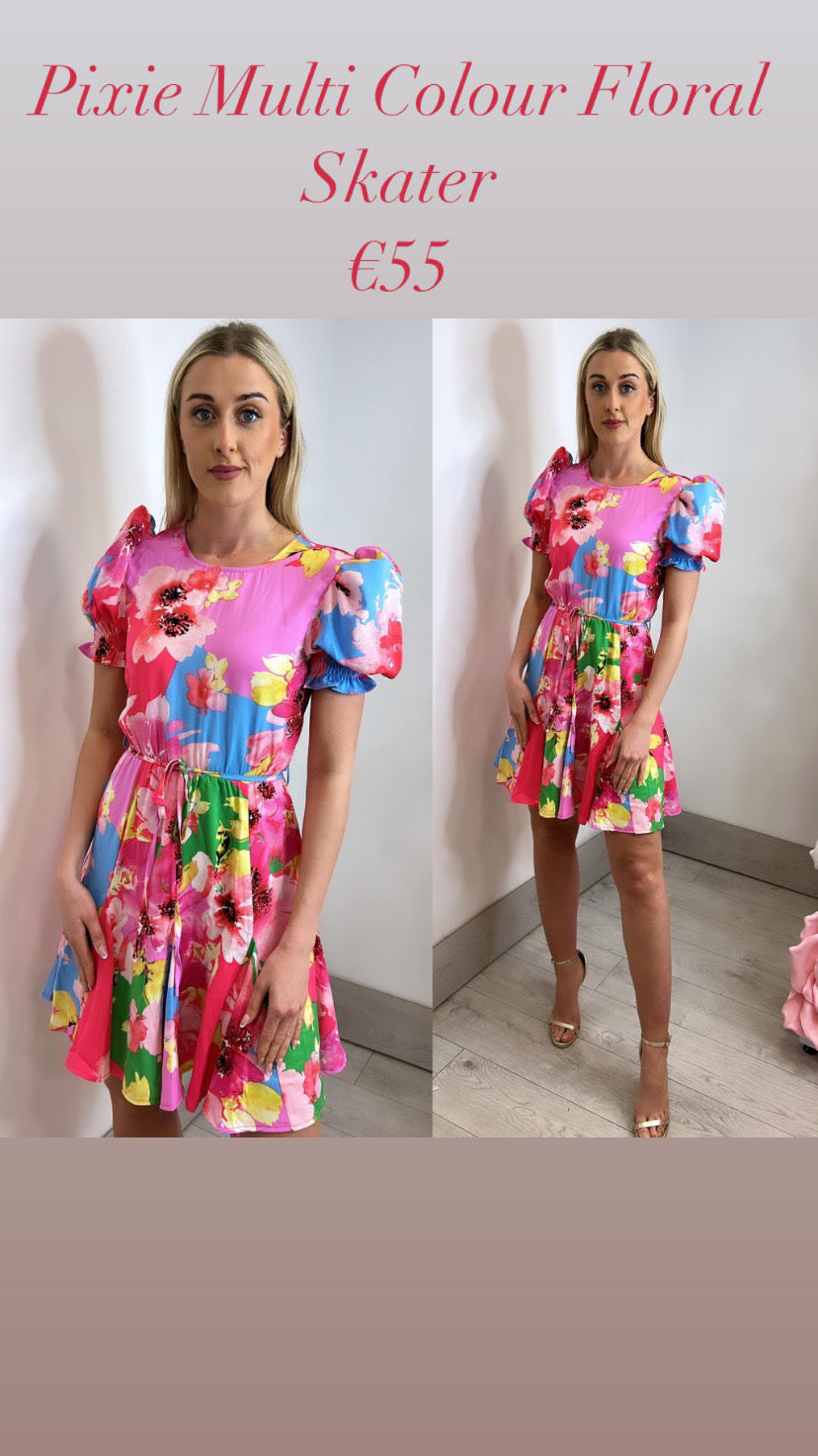 Pixie Multi Colour Floral Skater Mini Dress