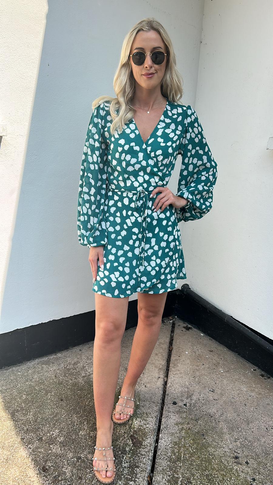 Ginger dancing leopard Mini Wrap Dress In White On Green Cloud