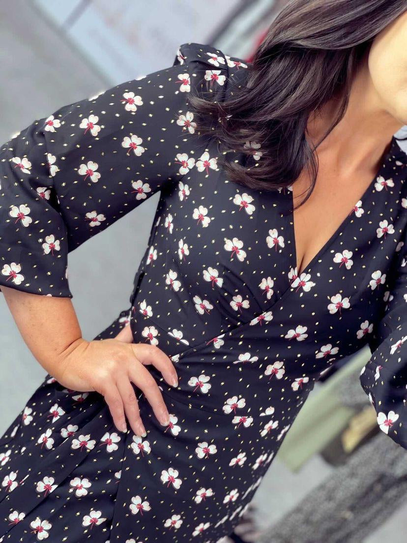 Shrimp black floral wrap midi dress traff