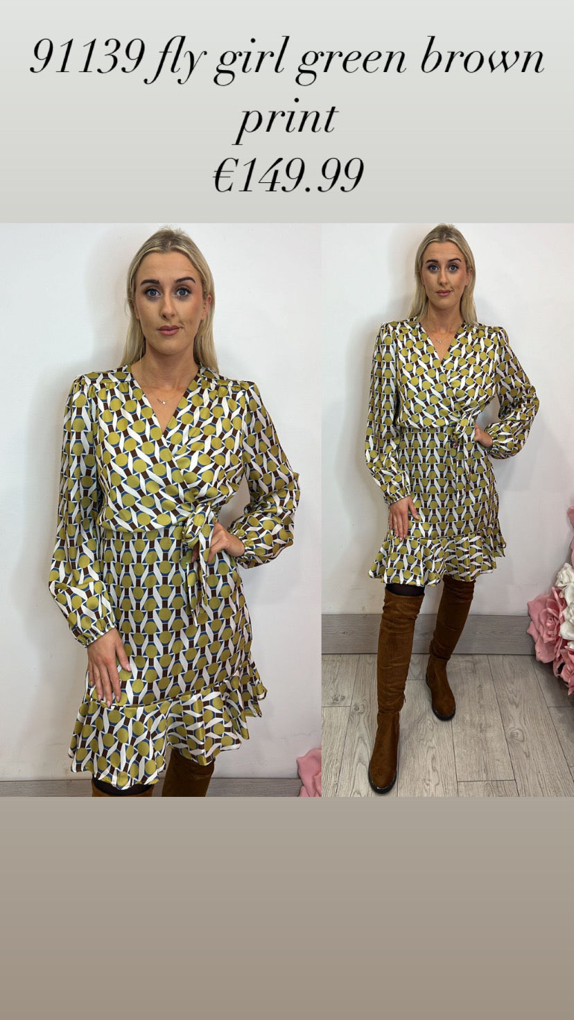 91139 fly girl green brown print dress