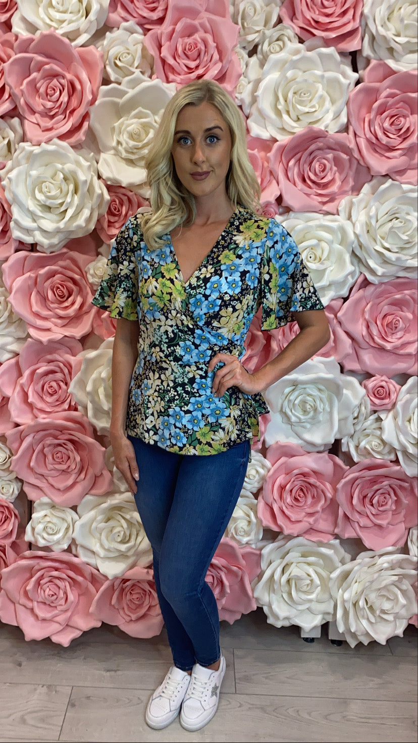 Ophelia blue floral Tie Side Wrap Top GIM sale