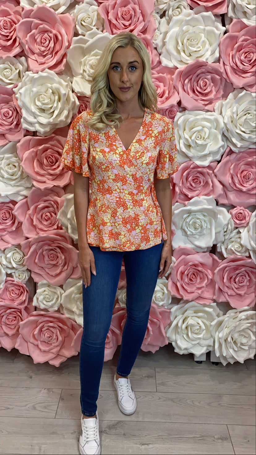 Ophelia orange Tie Side Wrap Top Orange Floral GIM sale