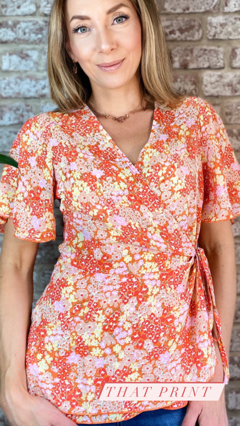 Ophelia orange Tie Side Wrap Top Orange Floral GIM sale