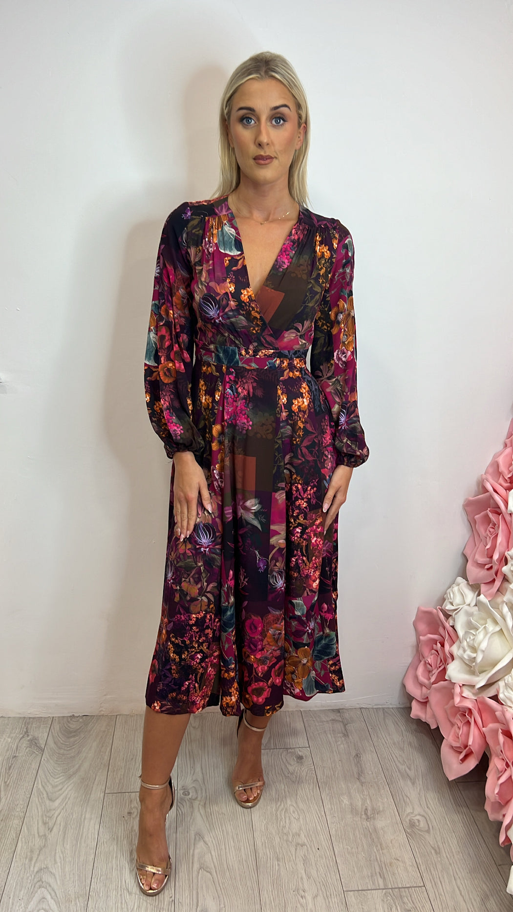 D7606 maroon full skirt wrap dress
