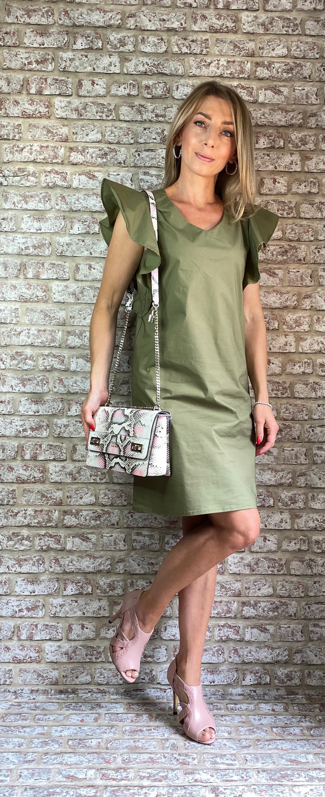 Mel khaki frill sleeve sale shift dress