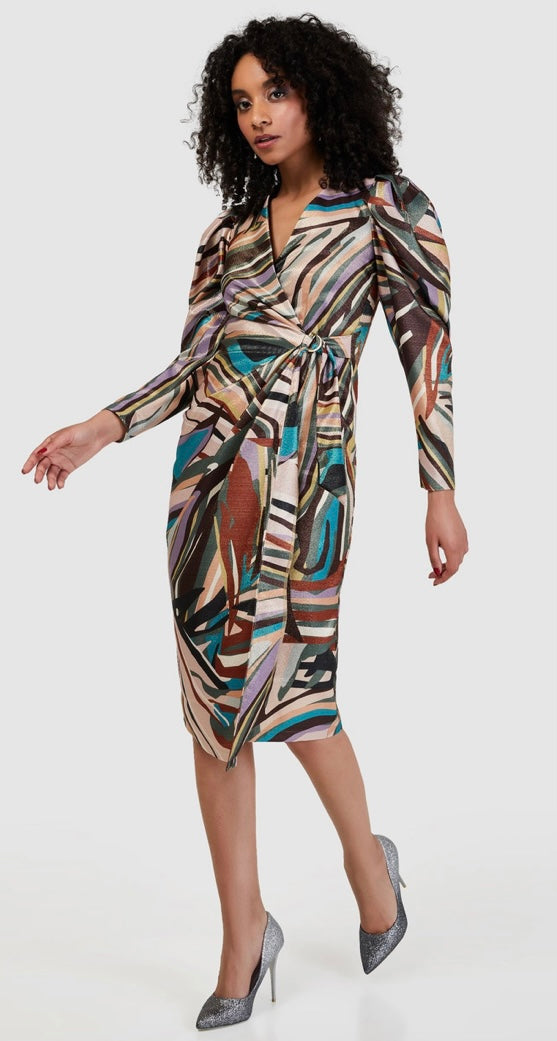 D8797 MULTI PRINT WRAP PENCIL DRESS