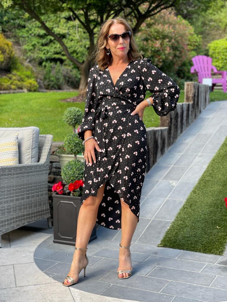 Shrimp black floral wrap midi dress traff