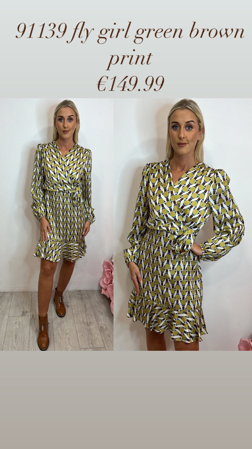 91139 fly girl green brown print dress