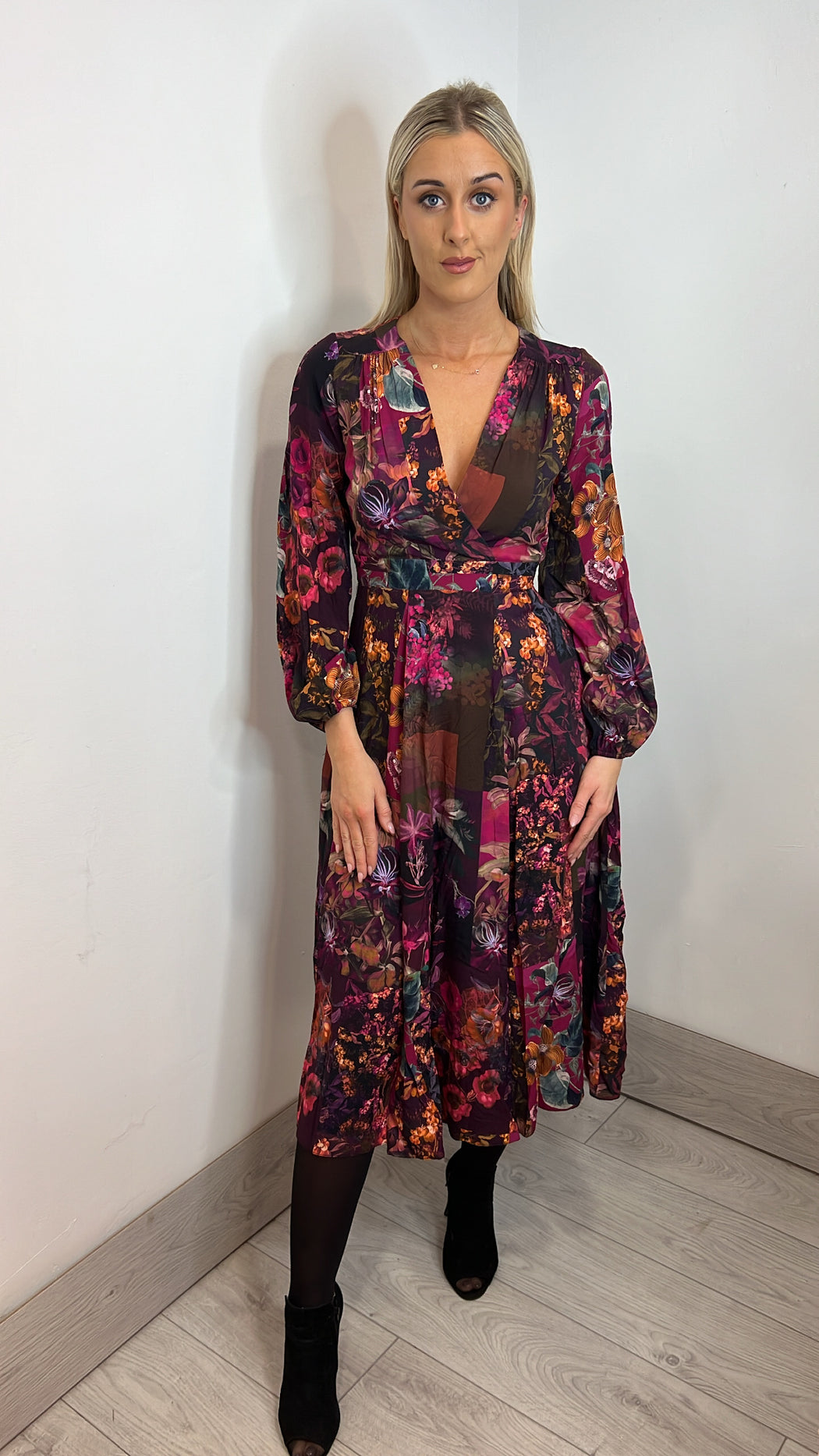 D7606 maroon full skirt wrap dress