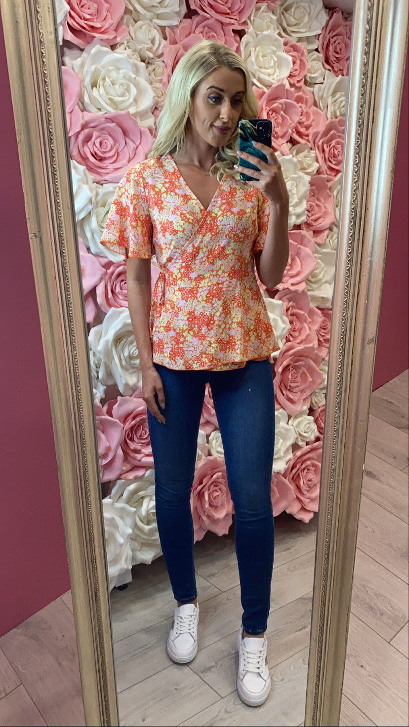 Ophelia orange Tie Side Wrap Top Orange Floral GIM sale