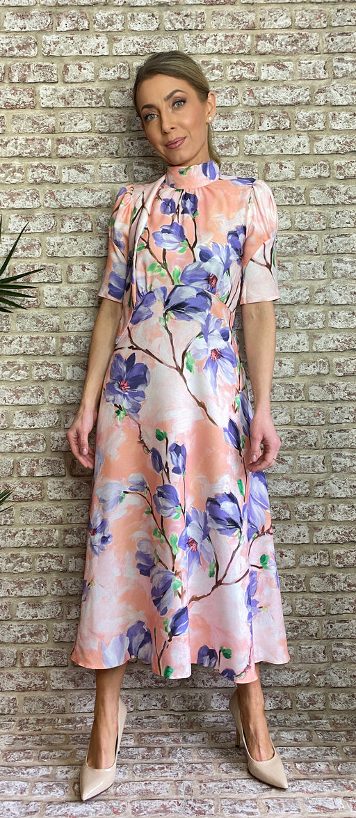 D7743 PEACH FLORAL PRINT TIE BACK A-LINE MIDI DRESS