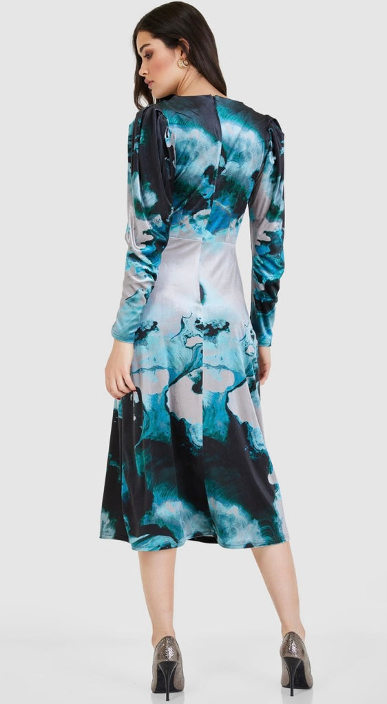 Jd8839 TEAL BLUE PRINT VELVET WRAP A-LINE MIDI DRESS