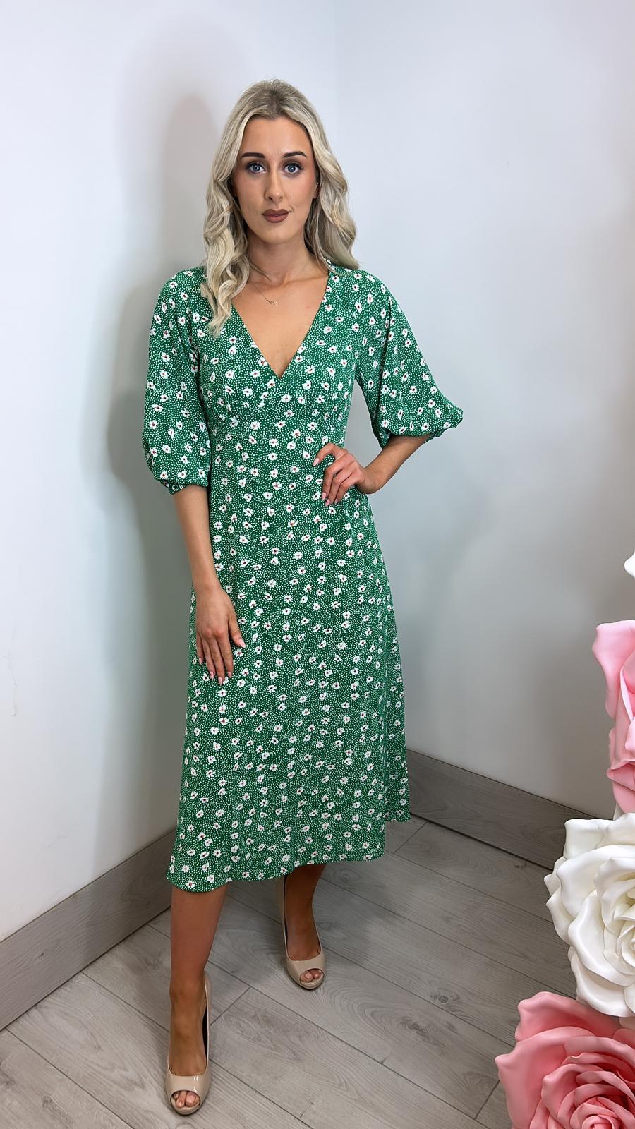 Traffic People Gloria Green Ditzy Floral Print Midi Dress