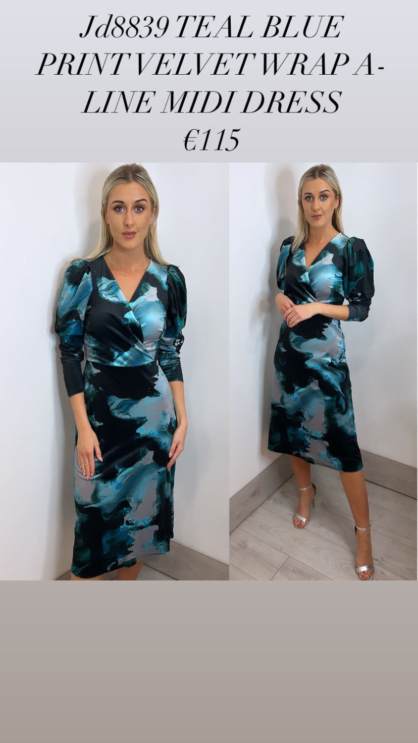 Jd8839 TEAL BLUE PRINT VELVET WRAP A-LINE MIDI DRESS