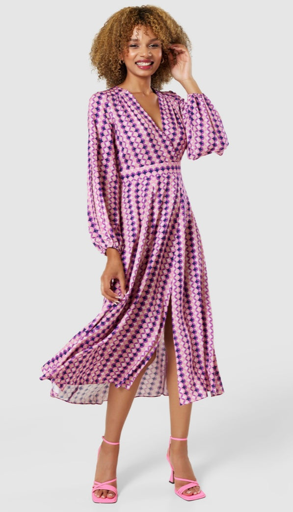 D9177 PINK FULL SKIRT WRAP DRESS