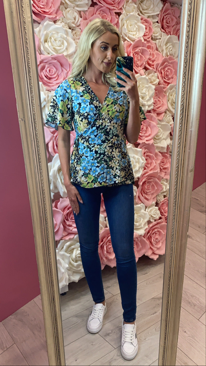 Ophelia blue floral Tie Side Wrap Top GIM sale