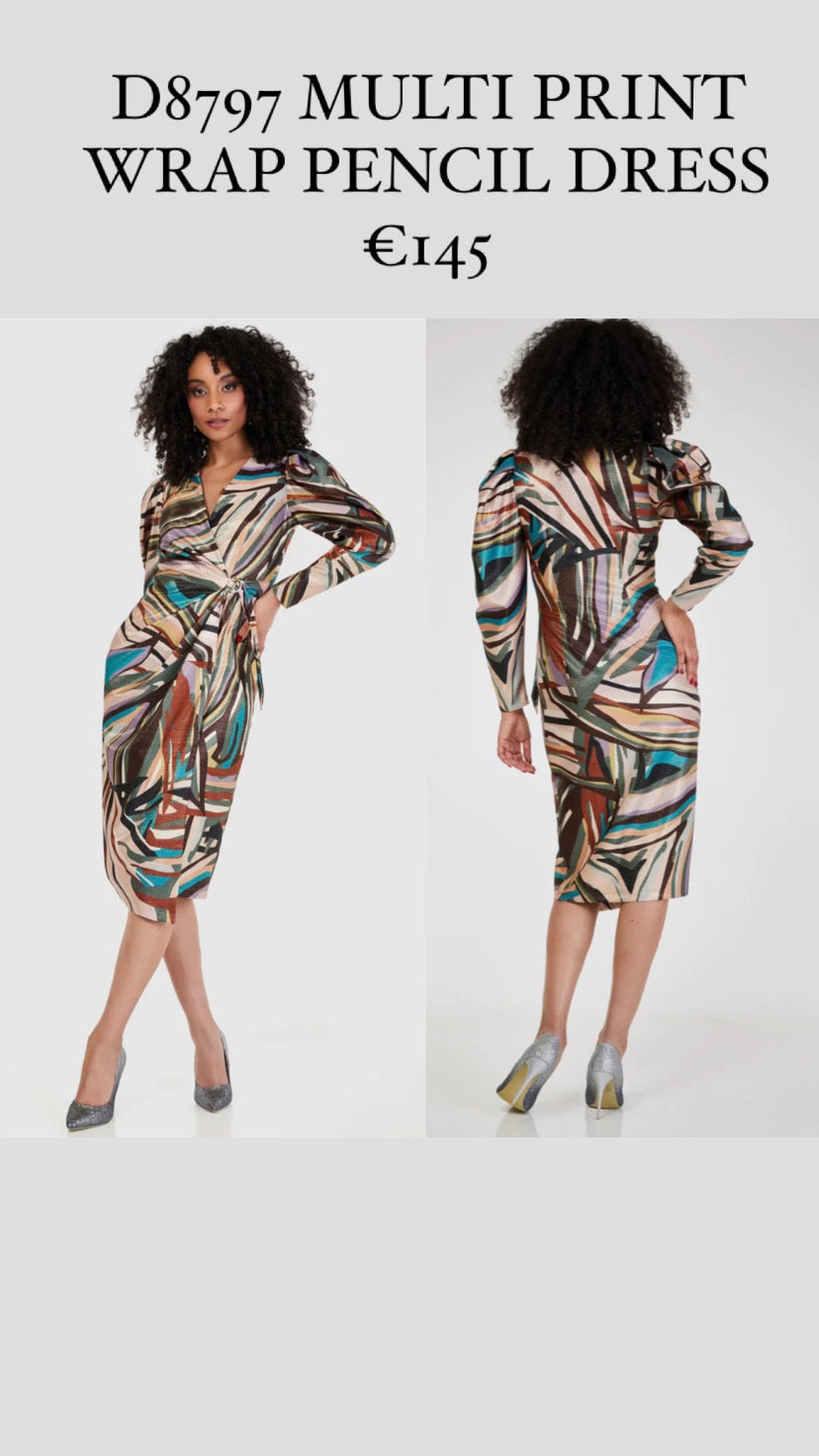 D8797 MULTI PRINT WRAP PENCIL DRESS