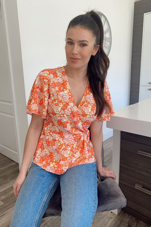Ophelia orange Tie Side Wrap Top Orange Floral GIM sale