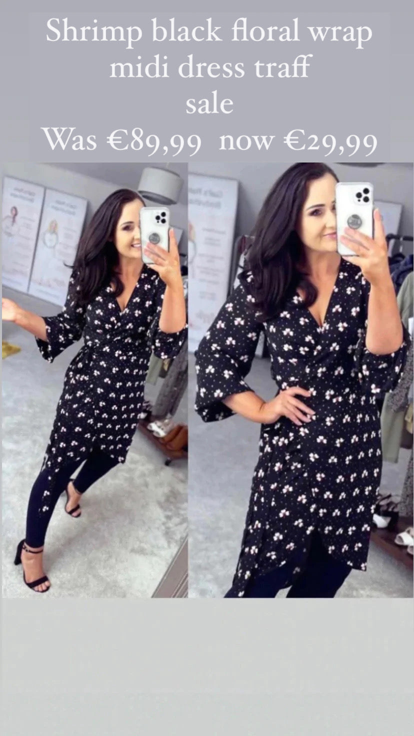 Shrimp black floral wrap midi dress traff