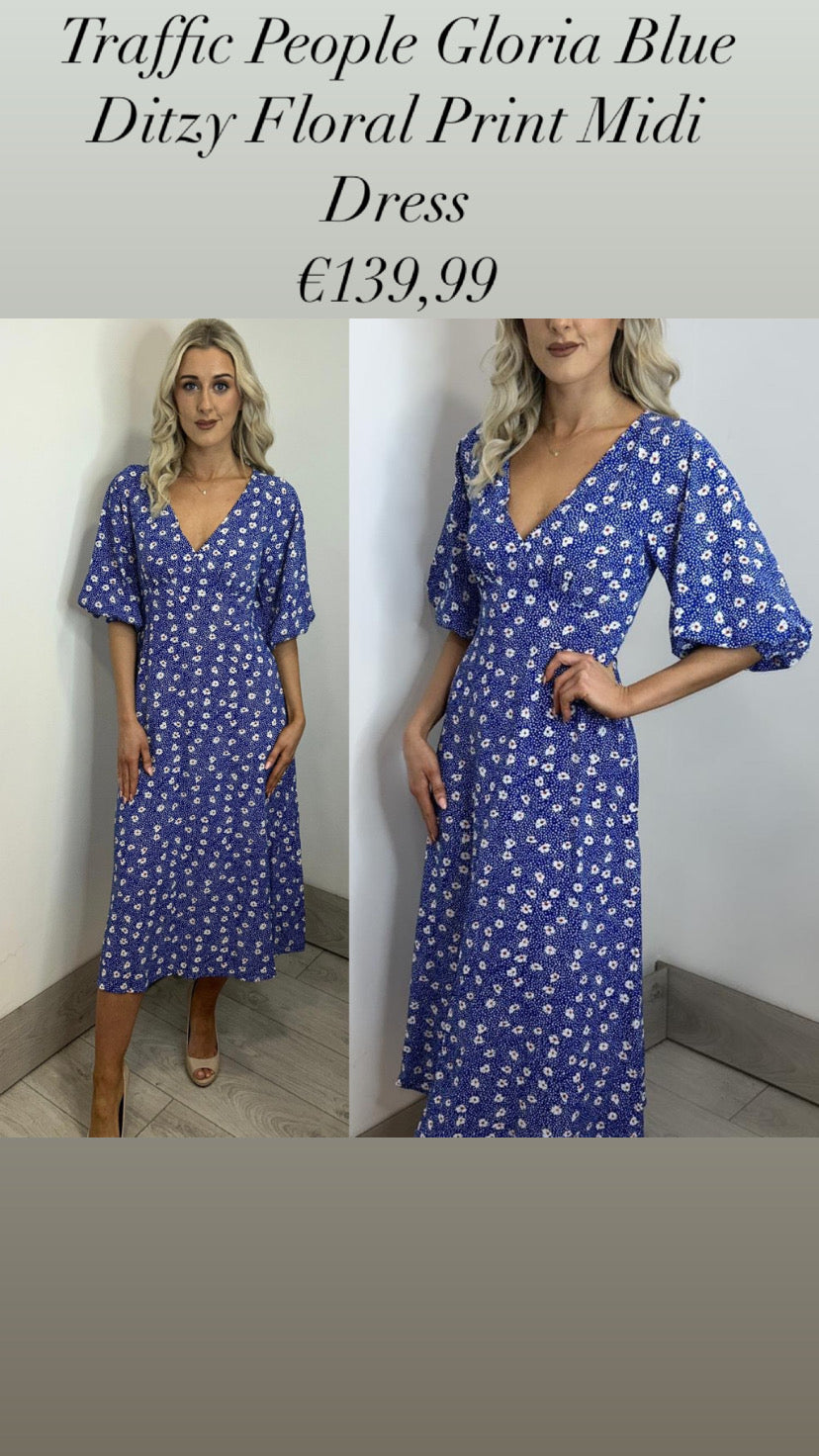 Traffic People Gloria Blue Ditzy Floral Print Midi Dress