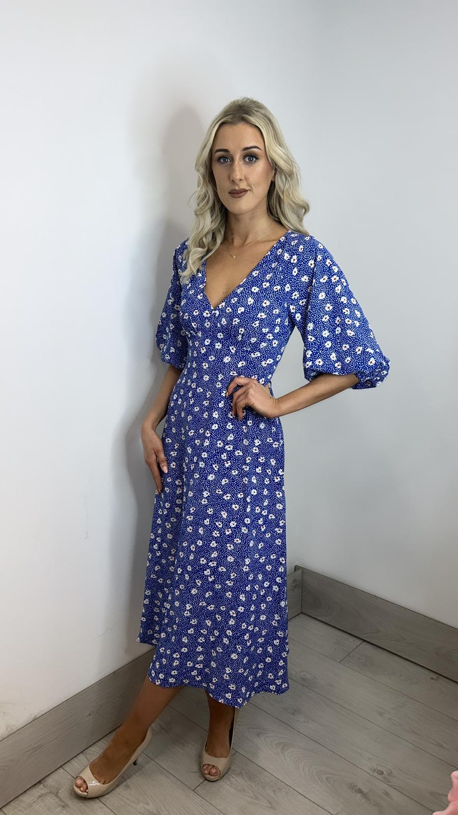 Traffic People Gloria Blue Ditzy Floral Print Midi Dress