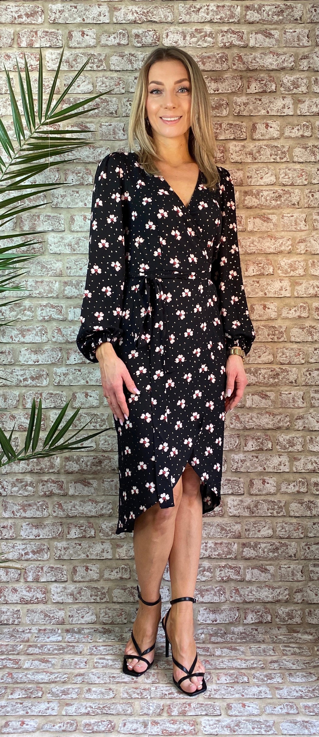 Shrimp black floral wrap midi dress traff