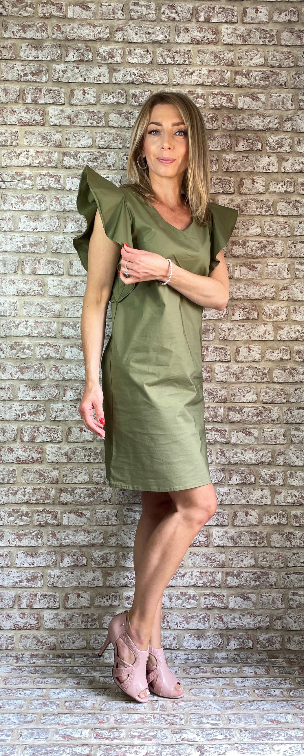 Mel khaki frill sleeve sale shift dress
