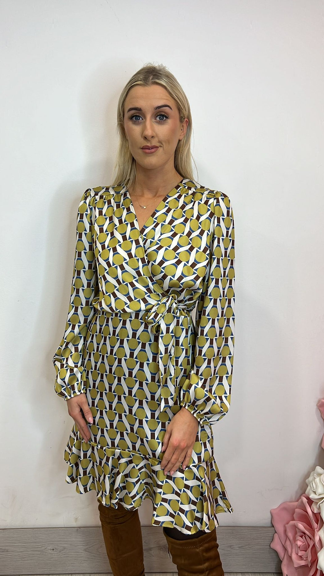91139 fly girl green brown print dress