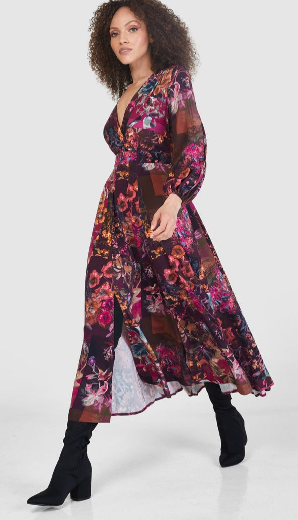 D7606 maroon full skirt wrap dress