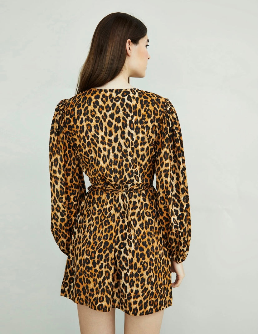 Ck5508 glam Leopard Print Long Sleeve V- Neck Wrap Mini Dress