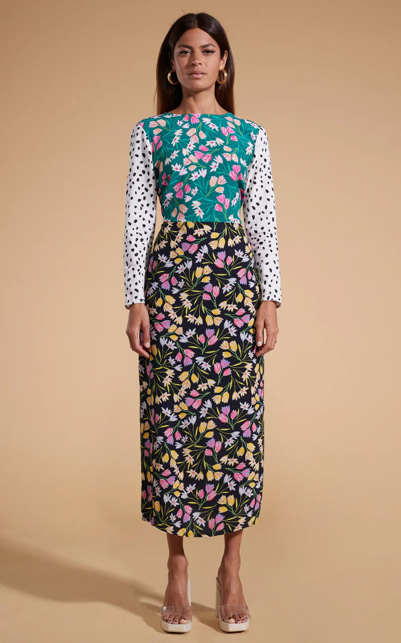 ESTELLA DANCING LEOPARD MIDAXI DRESS IN TULIP AND POLKA DOT MIX