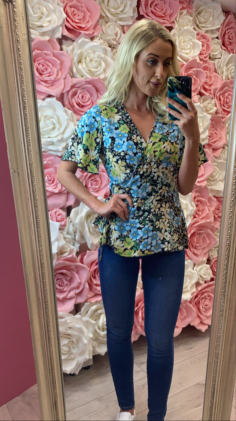 Ophelia blue floral Tie Side Wrap Top GIM sale