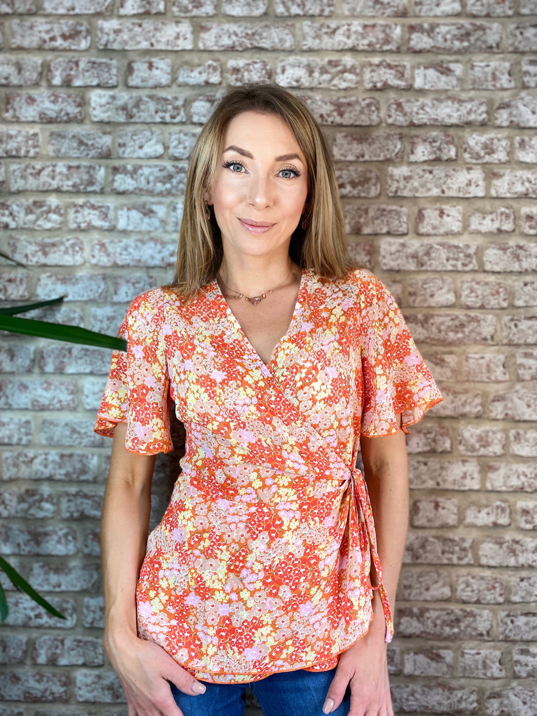 Ophelia orange Tie Side Wrap Top Orange Floral GIM sale