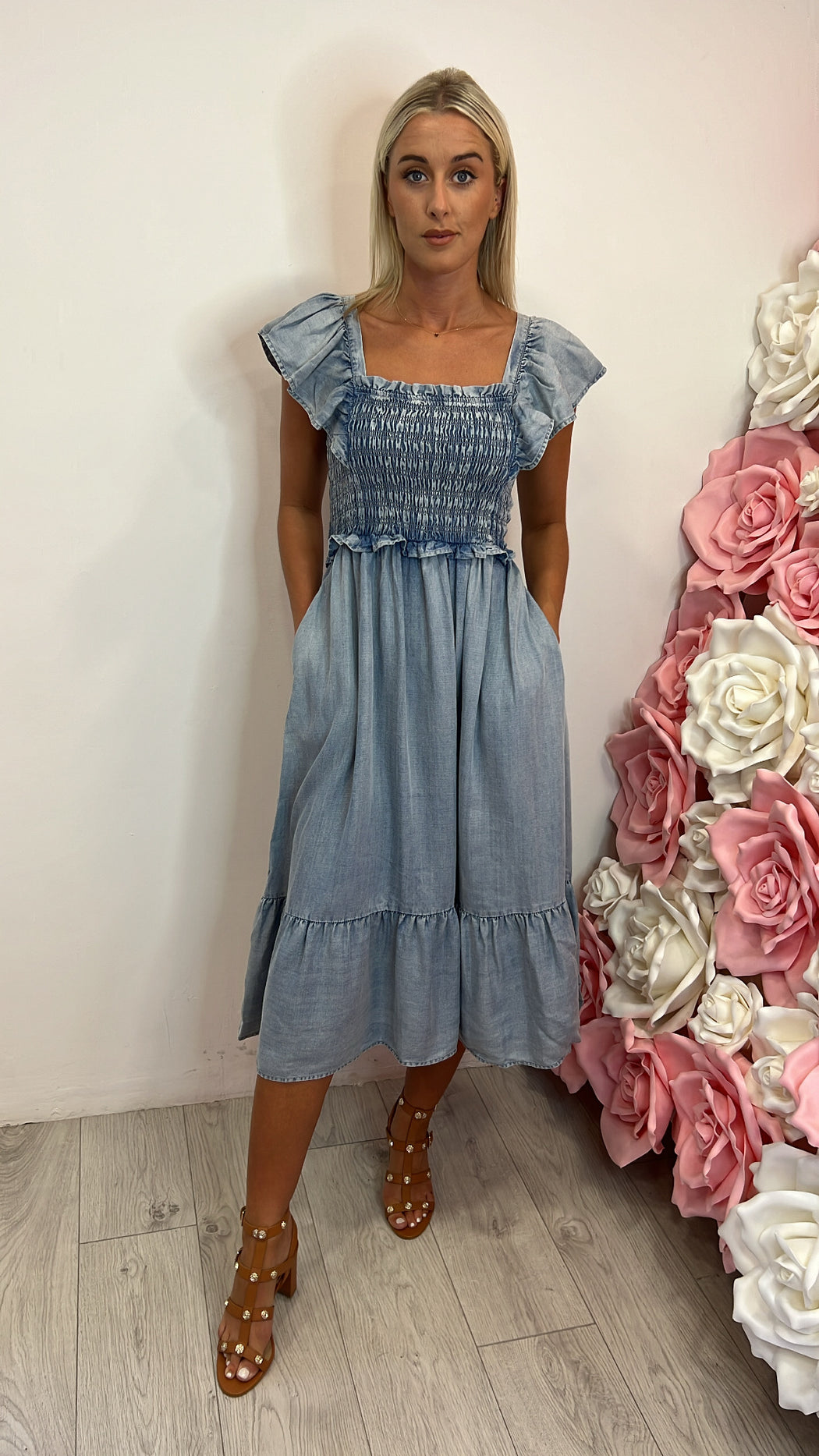Salsa 126420 denim ruffle sleeve dress sale