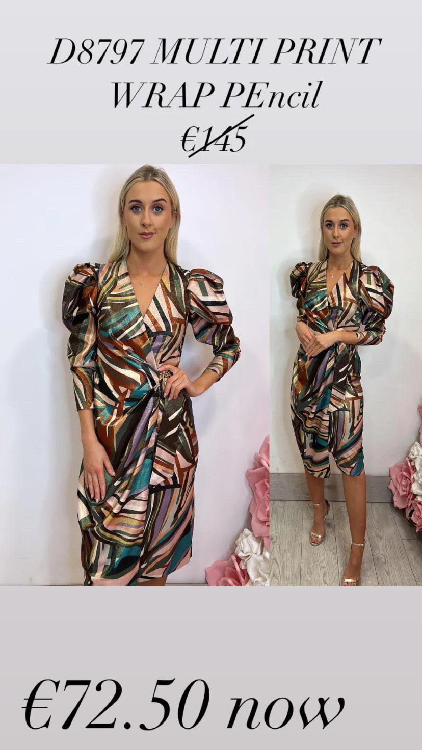 D8797 MULTI PRINT WRAP PENCIL DRESS