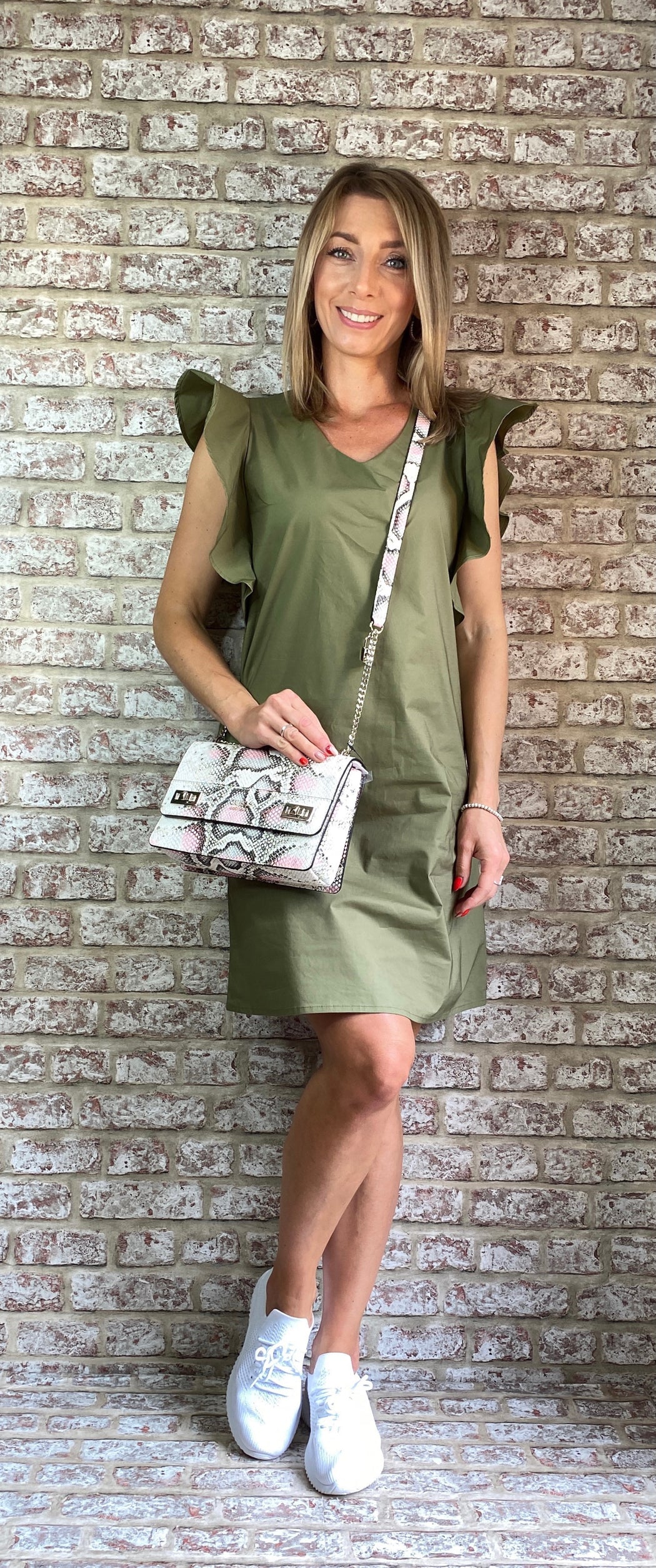 Mel khaki frill sleeve sale shift dress