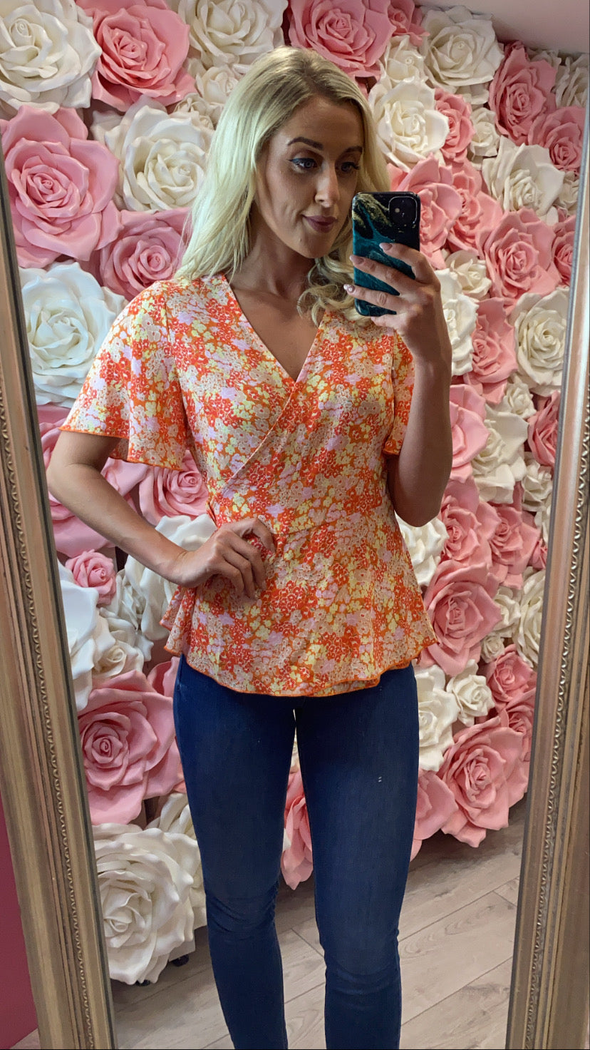 Ophelia orange Tie Side Wrap Top Orange Floral GIM sale