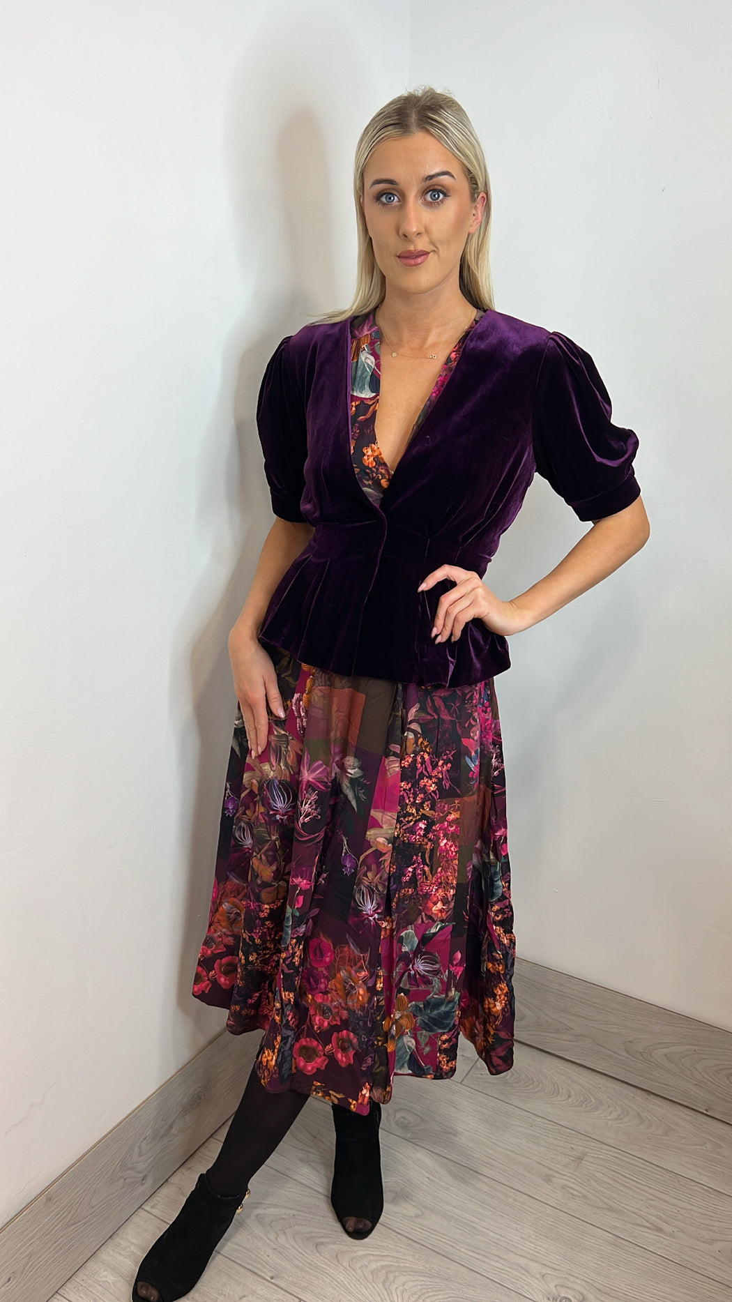 D7606 maroon full skirt wrap dress