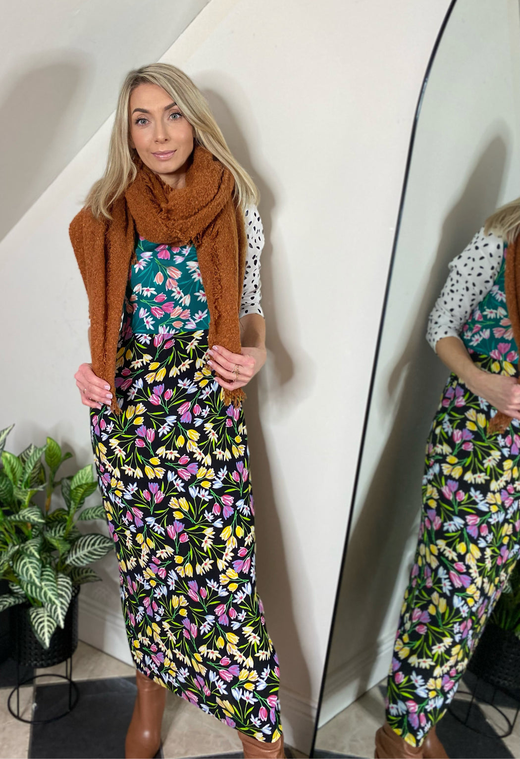 ESTELLA DANCING LEOPARD MIDAXI DRESS IN TULIP AND POLKA DOT MIX