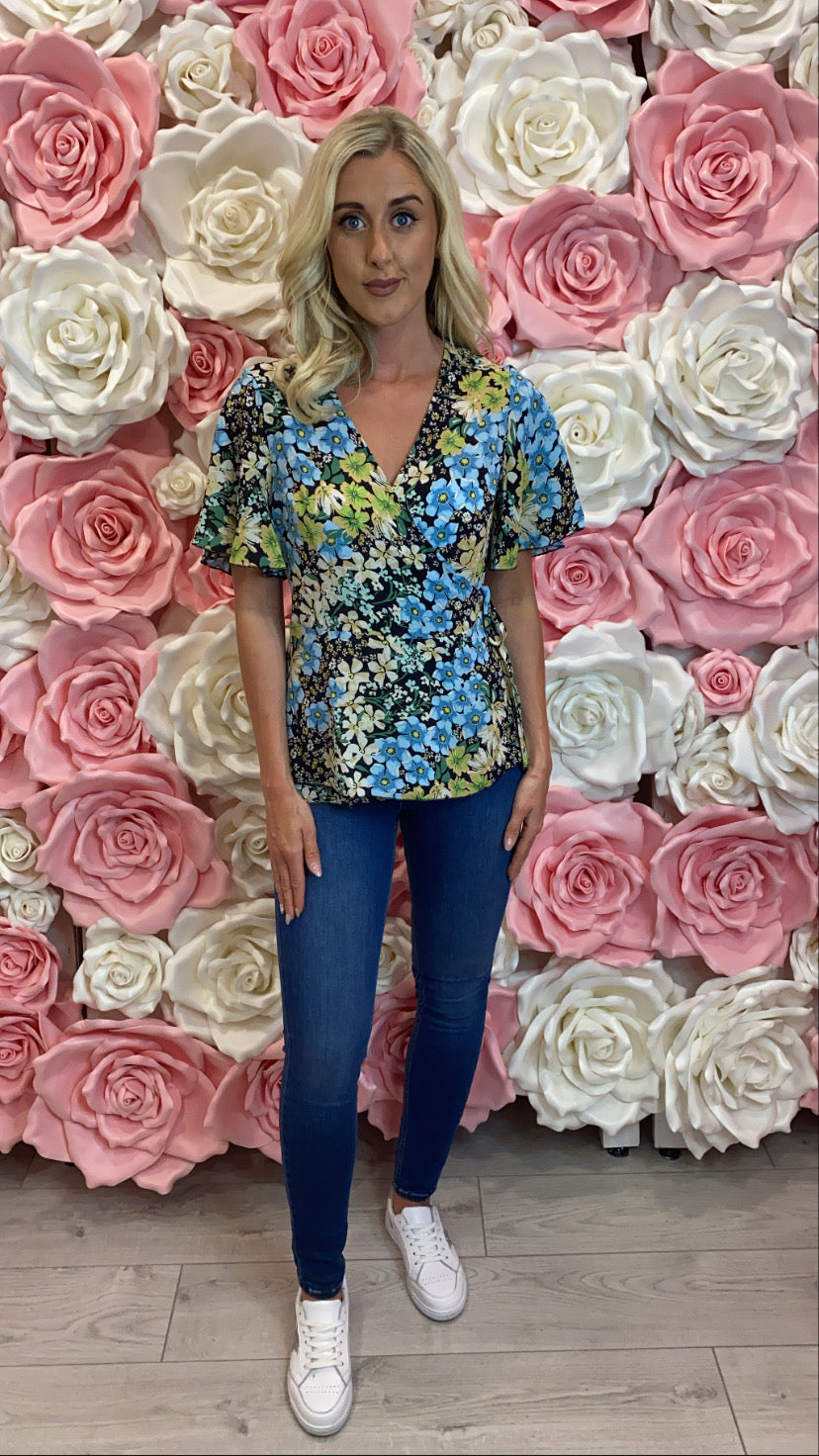 Ophelia blue floral Tie Side Wrap Top GIM sale