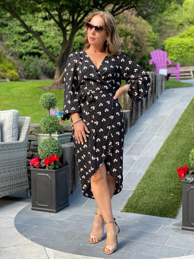 Shrimp black floral wrap midi dress traff